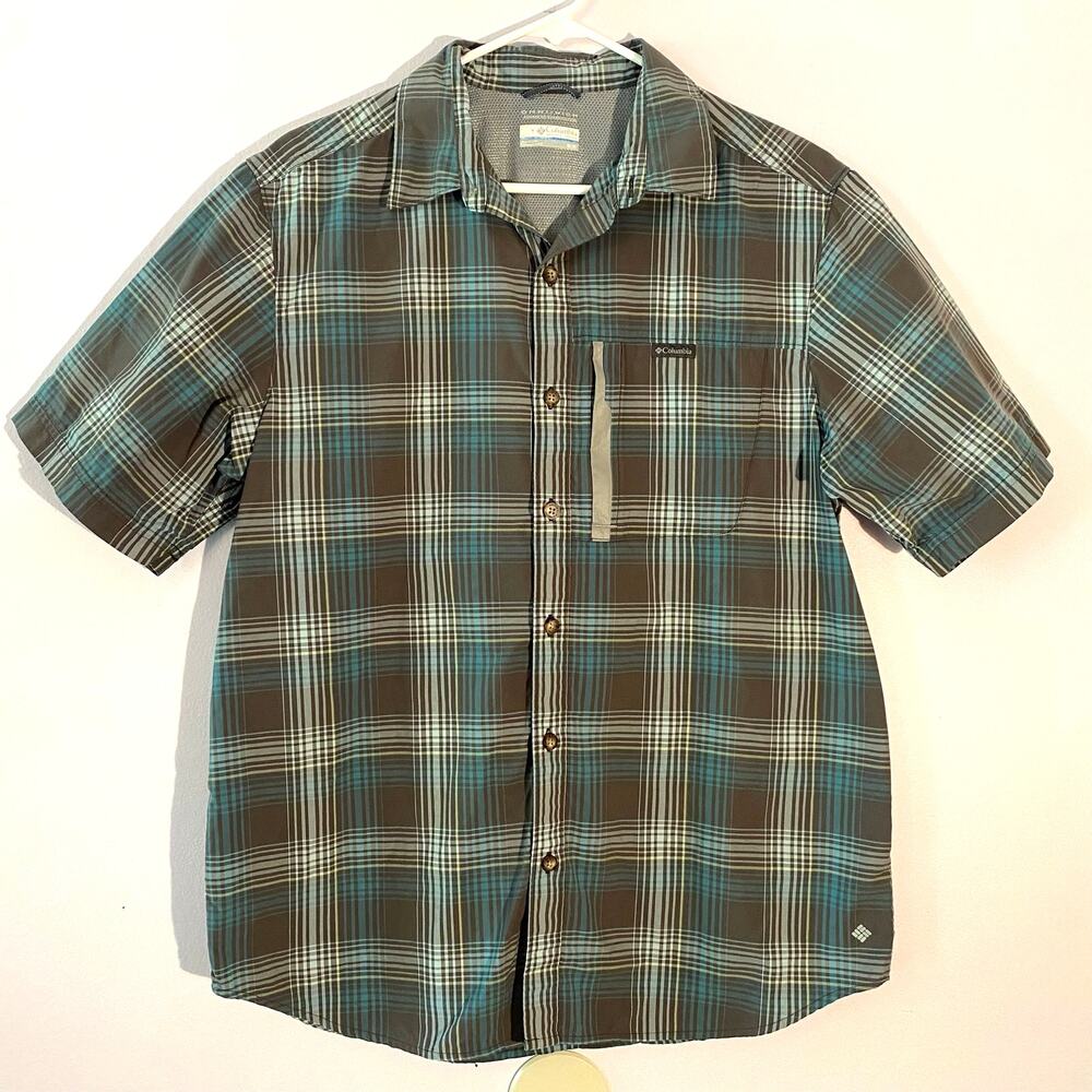 Columbia Gorpcore Outdoor Lightweight Plaid Gray Blue Polo Shirt Men size Medium